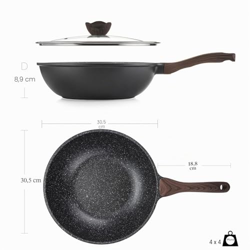 Foto von Kordisen Wokpfanne induktion, 30 cm Wok mit Deckel, Aluminiumguss, Beschichtung in Steinoptik, kompatibel mit allen Herden, PFOA-frei, Schwarz