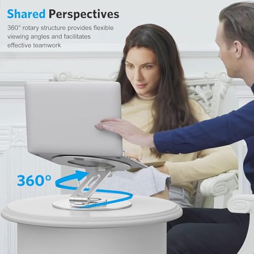 OMOTON Adjustable Laptop Stand with 360 Rotating Base, Ergonomic Laptop Riser for Collaborative Work, Dual Rotary Shaft Fully Foldable for Easy Storage, Fits All Laptops up to 16 inches, Silver - Image 5