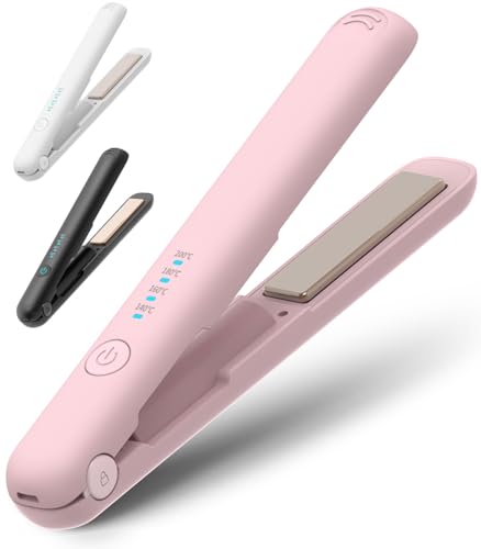 ヘアアイロン コードレス 携帯用ポーチ付き カール/ストレート 2WAY対応 18mm プロ仕様200℃ TYPE-C充電 3200mAh大容量 140℃~200℃4段階温度調整 自動電源OFF 誤起動防止ロック 小型 持ち運び便利 男女兼用 家庭/旅行/出張 3001(ピンク)