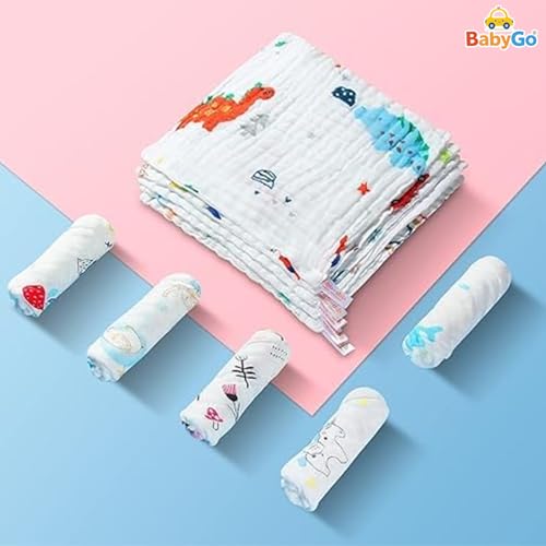 Image of BabyGo Muslin Baby Washcloths - 6 Layer Ultra Soft Cotton Baby Towels | Highly Absorbent Face Towels for Newborns, Kids & Toddlers | Quick Dry Burp Cloths & Bath Essentials - Pack of 4
