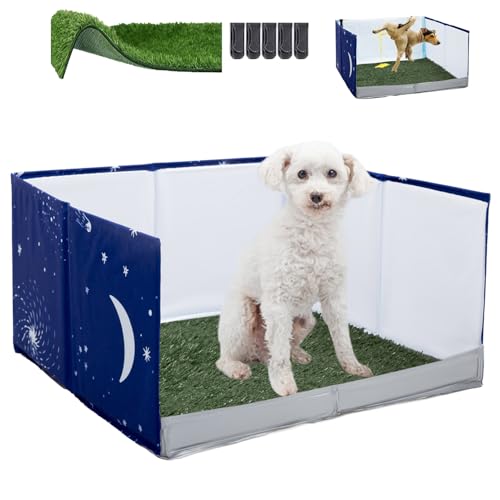 Dog Grass Pad with Tray,Foldable Dog Litter Box with High Walls,Odor Free Artificial Grass Pad for Dog Potty,No Assembly,No Spill, Waterproof, Easy to Clean (Blue star, S-23.6''Lx23.6''Wx12''H)
