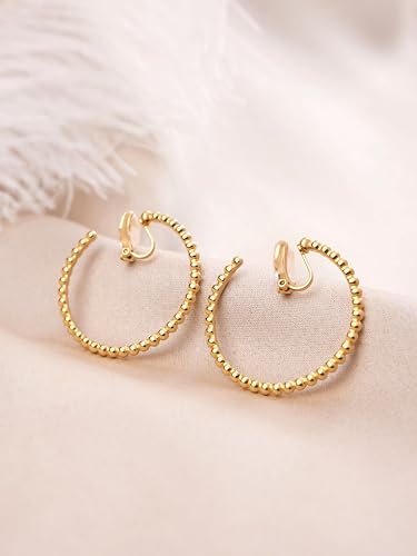 Image of FAN&LOUIS 24K Gold Plated Hoop Clip On Earrings for Women, Gold Beaded Hoop Trendy Hypoallergenic Non Pierced Earrings Painless Lightweight 38mm Clip-On Earrings