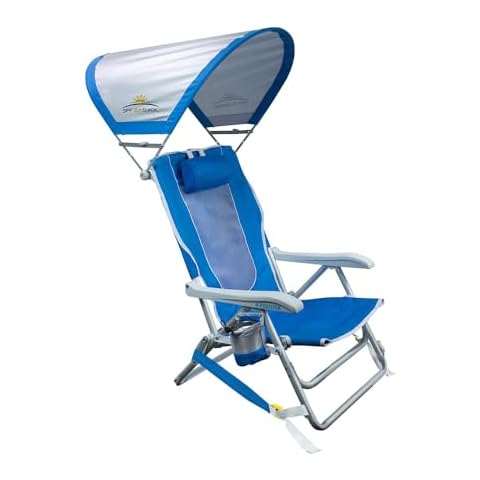 GCI Outdoor Sunshade Backpack Beach Chair | Reclining Folding Canopy Chair with Durable Armrests, Drink Holder & Carry Straps, Perfect for Beach Trips & Picnics — Saybrook Blue Cover