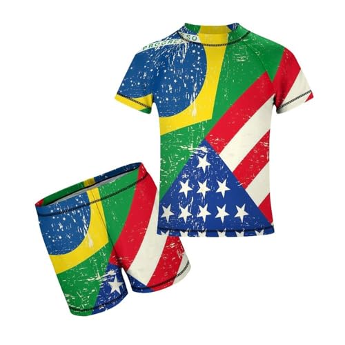 Brazil and USA FlagChildren's Casual Swimsuit Set - Simple and Versatile9-11Y（140cm）