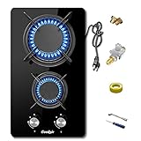 Cooksir 12 inch Gas Stove, 2 Burners Propane Cooktop Bulit-in, Indoor Gas Cooktop Suitable for Dual Fuel LPG/NG, Tempered Glass Gas Stove Top for Kitchen, Apartment, Indoor, 110-120V Plug in