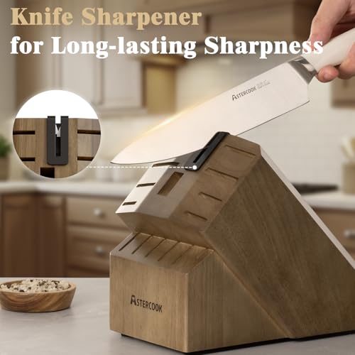 Image of Astercook Knife Set Kitchen with Block and Sharpener Premium Full Tang 17 Pcs German Stainless Steel Knives Dishwasher Safe Kitchen Utensils Set with with and Anti-slip Ergonomic Handle, Cream White