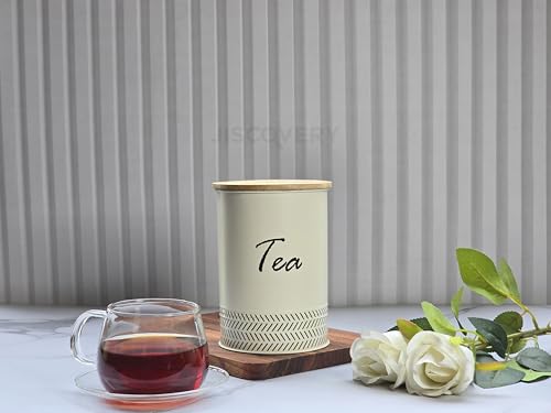 Image of JISCOVERY Airtight Tea, Coffee & Sugar Container Set of 3| Metal Storage Canister with Wooden Lid for Kitchen| Storage Box for Kitchen Counter Top| 1300 ML| Ivory