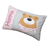 LeLyns Kreativwelt Kleines Kissen mit Wunschnamen Bärchen, Personalisiert, 29cm x 19cm, Polyesterfasern Füllung, Handgefertigt in Deutschland