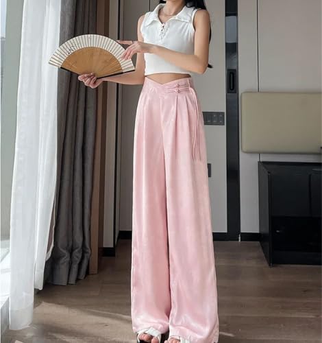 Women's Chinese Style Satin Pants Summer Elegant Wide Leg High Waist Solid Pockets Loose Trousers4