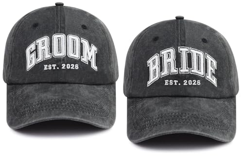 Image of 2PCS Bride and Groom Est 2025 2026 Hats for Men Women, Funny Adjustable Embroidered Newlyweds Couples Baseball Cap