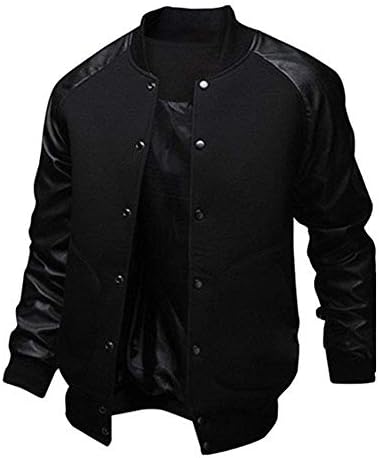 Kalanman Mens Fashion Splicing Leather Sleeve Letterman Jacket Varsity Baseball Bomber Jacket (XL, Black)