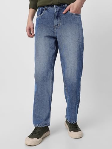 Image of Neostreak Men's Loose Baggy Fit Heavy Washed Jeans Non-Stretchable