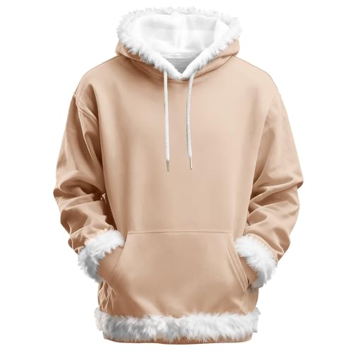Sudadera con capucha para hombre con ribete de piel sintética blanca en la capucha y los puños, ultra cálida, caqui, M