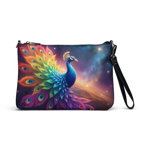 Peacock Purse - Rainbow Peacock Bird Crossbody Purse Converts to Wristlet or Shoulder Bag Faux Leather Fashion Accessory