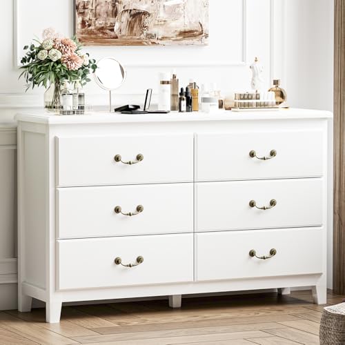 HOUROM White Dresser, Modern 6 Drawer Double Dresser for Bedroom Adults & Kids with Vintage Gold...
