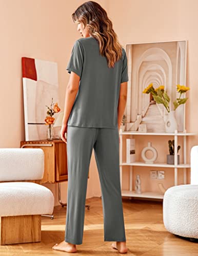 Image of Avidlove Women Pajamas Set Notch Collar Soft Sleepwear Pjs Short Sleeve Button Down Nightwear with Long Pants