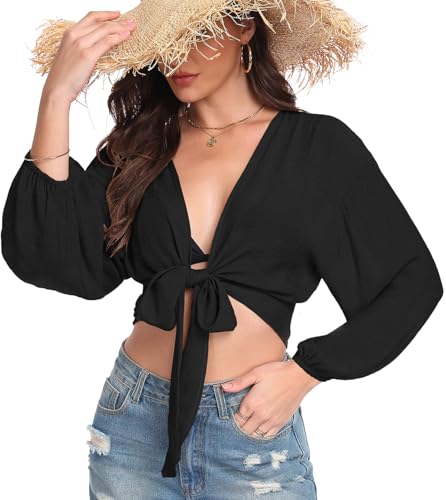 Womens Tie Front Tops Swimwear Cover Ups Long Sleeve Cropped Cardigan Swimsuit Beach Shirt(Black M)