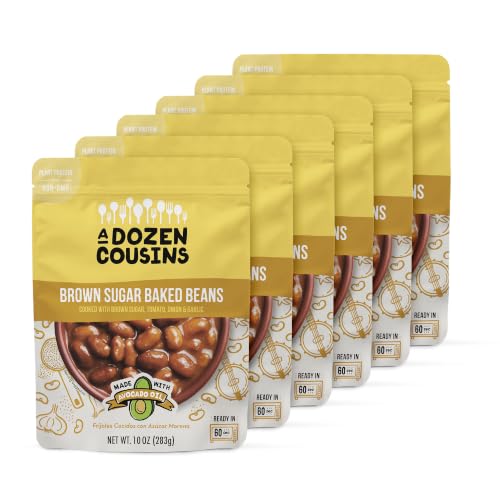 A Dozen Cousins Brown Sugar Baked Beans 10oz (6-Pack) Prepared Food Pouch, Ready to Eat Meal in Seasoned Avocado Oil, Premade Microwave Meal, Instant Baked Beans, Gluten Free, Plant Protein & Fiber