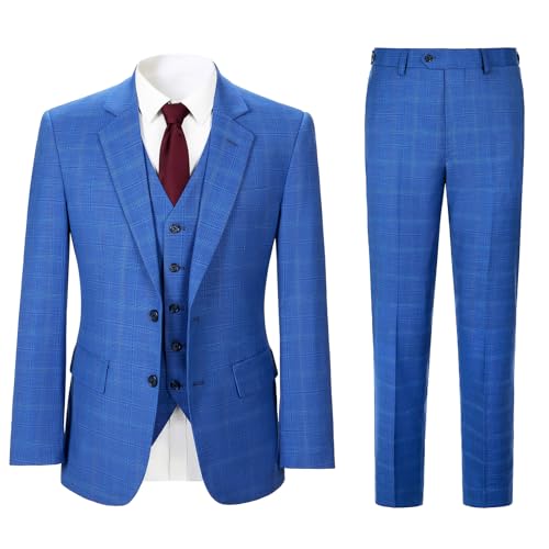 Men's 3 Pieces Slim Fit Plaid Suits Wedding Party Checked Tuxedo Blazer Jacket Vest Pants Suit Set, Blue XL