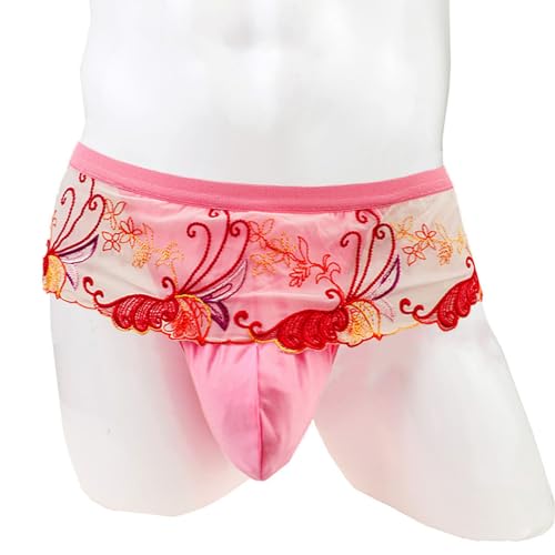 Sexy Lace Mens Underwear Briefs with Skirt Colorful Thong Pink Floral Panties2