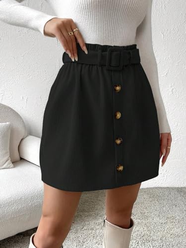 SweatyRocks Women's Corduroy Paperbag High Waist Belted Skirt Casual Button Front A Line Mini Skirt3