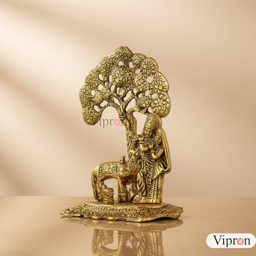 Image of Brass Finish Metal Lord Krishna with Cow and Tree Statue - Spiritual Hindu Art Decor for Home, Office, and Pooja Room - 5.7-inch Elegant Statue of Krishna