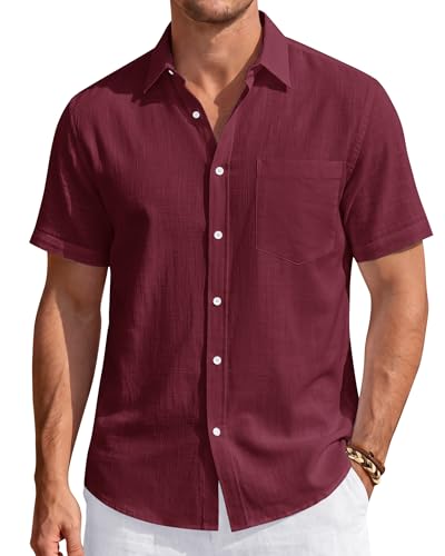 Image of J.VER Mens Linen Shirt Short Sleeve Button Down Casual Summer Shirts | Cotton Linen, Untucked, Big Tall, from Beach Camp Vacation, Cruise Fishing, Work Office, to Wedding Party Family, with Pocket