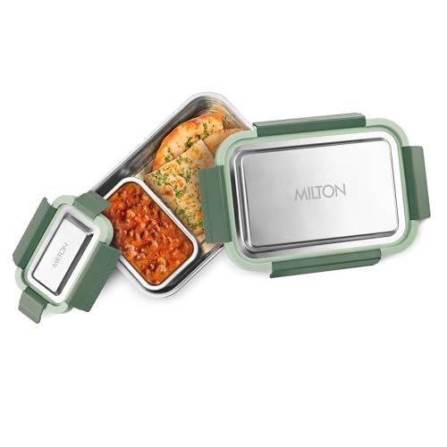 Image of MILTON Modern Meal Jr. Stainless Steel Tiffin, Set of 2 (750 ml,140 ml), Green | Food Grade | BPA Free | Refrigerator Safe | Odour Free I Durable and Stylish Lunch Box for Home, Office & Travel