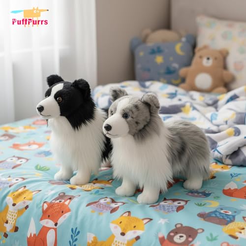 PuffPurrs Lebensechter Border Collie Plüsch, Realistisches Schwarz-Weiß Schäferhund Kuscheltier, Niedliches Hochintelligentes Geschenk, 28 CM/11 Zoll