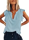 Picture of Dokotoo Ruffle Sleeve Tops for Women Summer Fashion Sexy V Neck Sleeveless Tank T-Shirt 2025 Ladies Casual Solid Color Ruffled Cap Sleeves Tunic Tee Shirts (Sky Blue, Large)