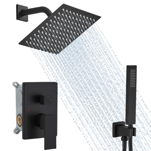 Image of Matte Black Shower System, 8 Inch High Pressure Rain Shower with Handheld, Wall Mount Shower Faucet Set for Bathroom, Rough-in Valve Body and Trim Included