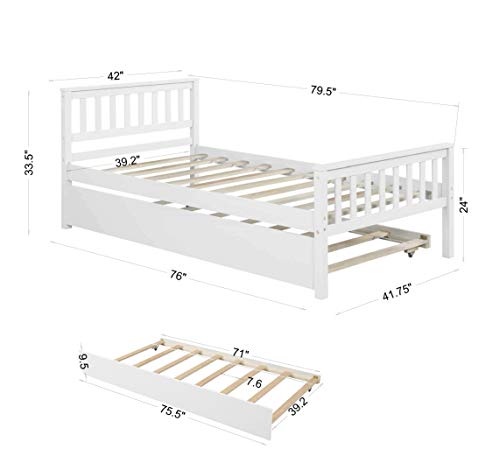 Twin Platform Bed With Trundle, Solid Wood Bed Frame With Headboard, Footboard For Teens Boys Girls,No Box Spring Needed (White) #TOP2