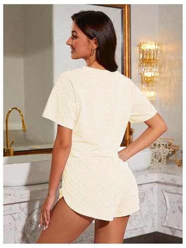 Image of OYOANGLE Womens Pajama Sets 2 Piece Sexy Lounge Sets Summer Cute Pjs Striped Print Tee and Side Split Shorts Set