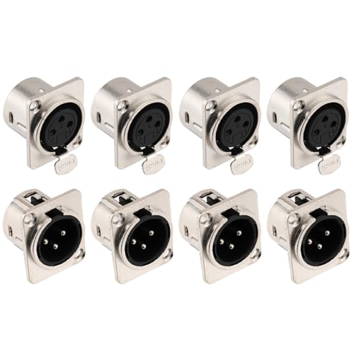 Greluma 8 pièces Connecteurs XLR mâle/femelle, fiche/prise à 3 broches pour montage sur panneau pour microphone et haut-parleur, contacts en cuivre...
