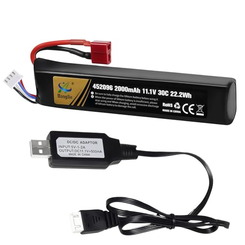 HHZ 11.1V 2000mAh Airsoft Battery 30C Rechargeable LiPo Dean T Plug 452096 for Guns Rifle with USB Cable (3S 452096)