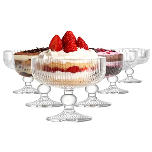 TOLASTO Dessert Bowls Set of 6, Vintage Strips Embossed Glass Footed Dessert Ice Cream Trifle Salad Candy Cake Bowl for Home Party Wedding - 320ml (11 oz), Transparent