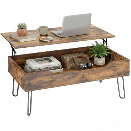 HOMCOM Table Basse Rectangulaire en Bois avec Grand Rangement Caché, Hauteur Réglable, Table de Salon Industrielle avec Pieds en Métal, pour Chambre, Séjour, Bureau, 95 x 50 x 40 cm, Marron Rustique