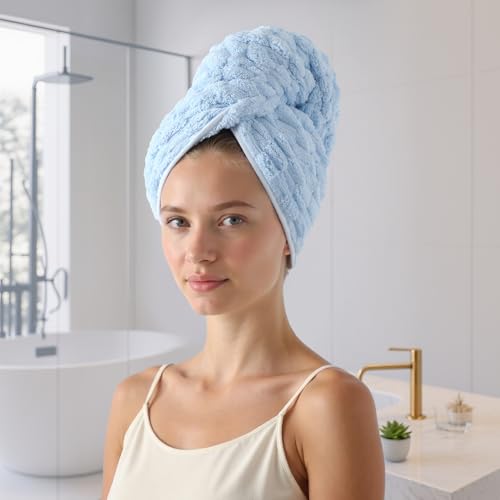 Image of REDKISS Blue Microfiber Hair Towels - Extra Large Hair Towel Wrap for Women, 24x42 inch Hair Towels with Elastic Strap, Super Soft Hair Drying Towels for Long, Thick, Curly Anti Frizz Turbans