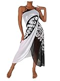 WDIRARA Women's Floral Graphic Print Cover Up Wrap Sleeveless Beach Kimono Coverups Black and White Medium