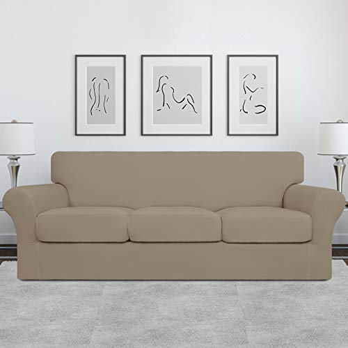 Image of Easy-Going 4 Pieces Stretch Soft Couch Cover for Dogs - Washable Sofa Slipcover for 3 Separate Cushion Couch - Elastic Furniture Protector for Pets, Kids(Sofa, Natural, Large) | Sofa Slipcover for Stretch 3 Separate Sectional Cushion Couch - Furniture Protector for Pets, Kids Natural