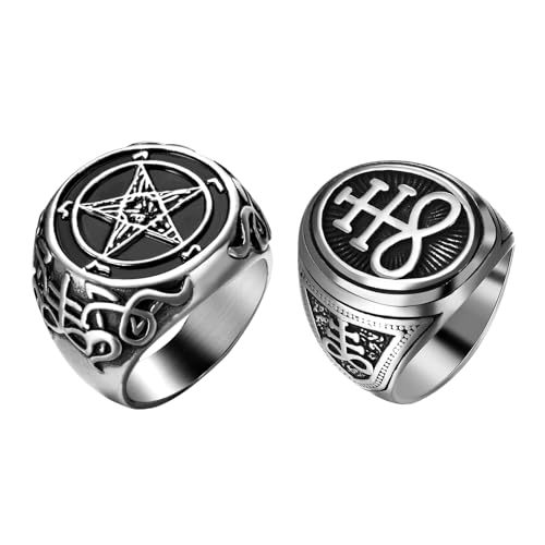 OIDEA Anillo Lucifer Satan Hombre: Diablo Símbolo Sello Anillos de Cruz Joyería Gótica Talla 14 Dos Piezas - Para Uso Diario Regalo