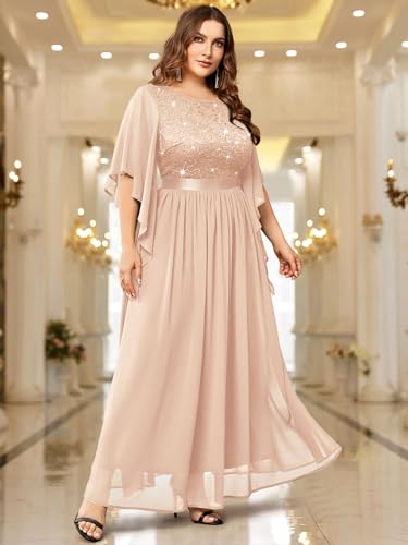 Image of Miusol Women's Plus Size Sequin Lace with Ruffle Cape Cloak Sleeves Elegant Evening Gown Wedding Guest Maxi Dress