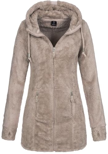 Sublevel Damen Teddyfleece-Jacke Mantel Plüschjacke mit Kapuze LSL-357 String Beige L