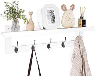 SMIBUY Wieszaki na ubrania z półką naścienny, 74 cm Wieszak na ubrania do przedpokoju na ścianę, bambusowa półka wisząca z 5 podwójnymi metalowymi haczykami do łazienki, sypialni (biały i