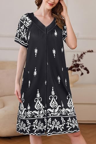 Image of Ekouaer Women Robe Zipper Front Mumu Duster Robes Zip Up Housecoat Soft Sleepwear with Pockets