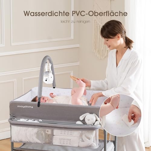 Maydolly Tragbarer Wickeltisch für Babys, Multifunktionaler Faltbarer Wickeltisch, Höhenverstellbar mit Rädern und 2 Aufbewahrungskörben, Wasserdichtes Sitzkissen zum Wickeln, Grau