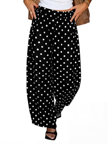 Tankaneo Womens Wide Leg Palazzo Pants Casual Polka Dot Barrel Baggy Pants Elastic High Waist Comfy Trousers with Pockets