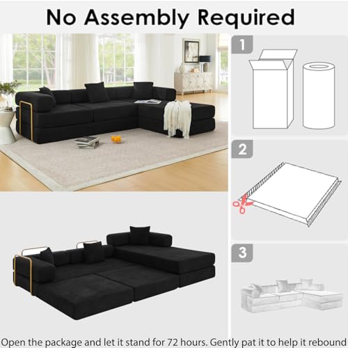 Image of HANXIN 108 inch Modular Sectional Sofa,Futon Convertible Sofa Bed,Oversized Corduroy Boneless Couch for Living Room,Floor Loveseat Sleeper with Pull Out Bed,Free Combination,No Assembly Required (Black)