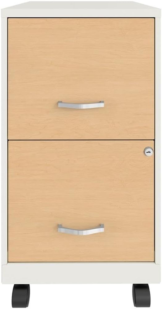 Pemberly Row 2-Drawer Mobile Metal Filing Cabinet, 18" D Pearl White/Oak Finish, 26.7" H, Vertical Design with Locking Drawers, Casters for Easy Mobility, Stylish Office or Home Workspace Storage