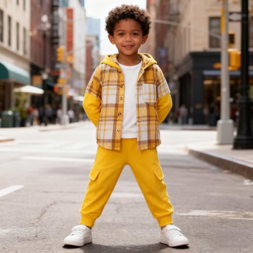 Image of OLMRJKD Toddler Baby Boy Clothes Plaid Long Sleeve Hoodie Sweatshirt + Pants 2pcs Boys Outfit Set